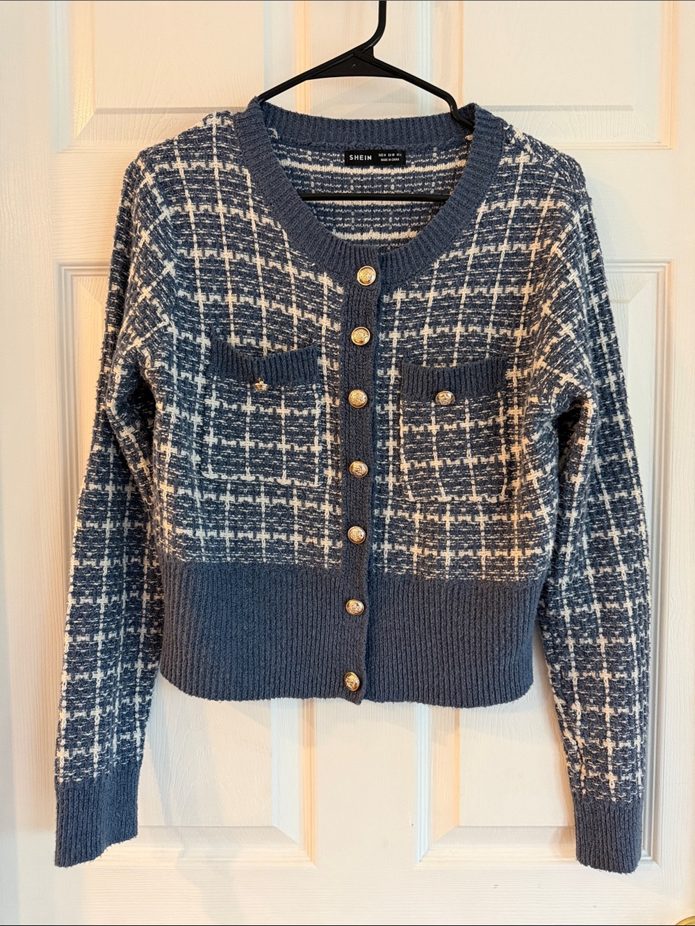 SHEIN Blue & Cream Tweed Button Cardigan with Gold Buttons